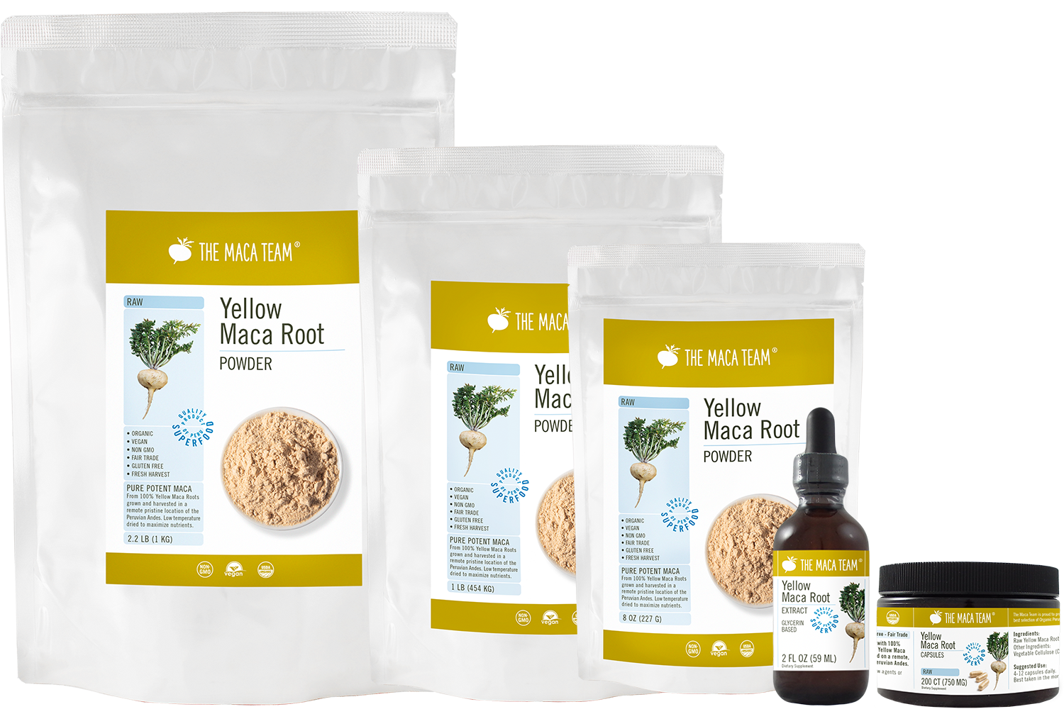 yellow maca products from the maca team - themacateam.com