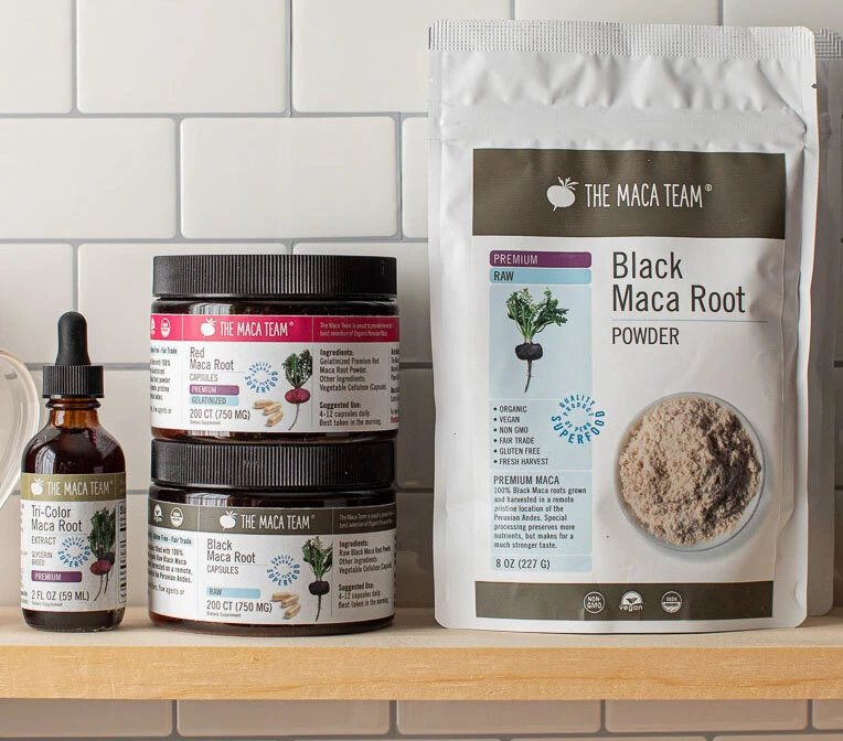 Selection of maca powders capsules extracts and other maca products