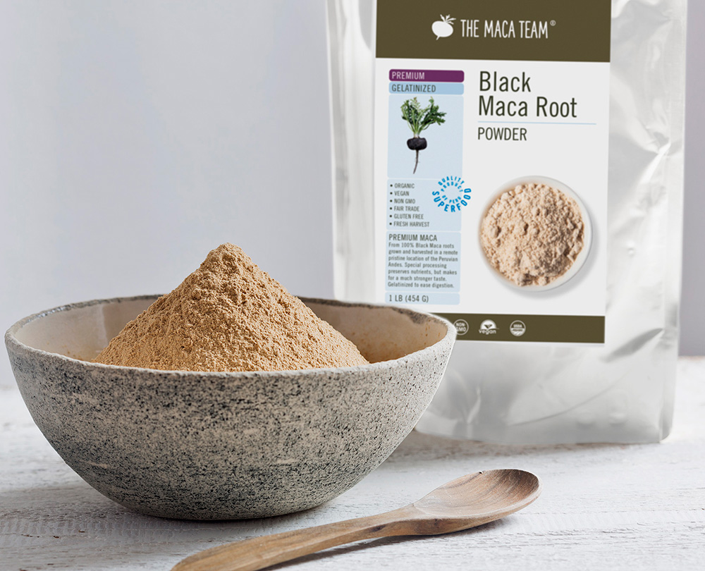 Gelatinized premium black maca powder in a bowl