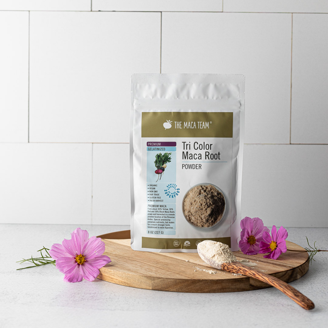Premium gelatinized maca root powder shown in an everyday lifestyle setting