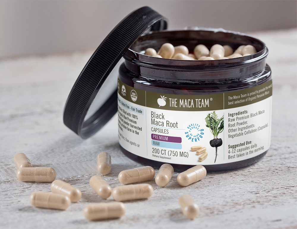 premium raw black maca capsules open jar