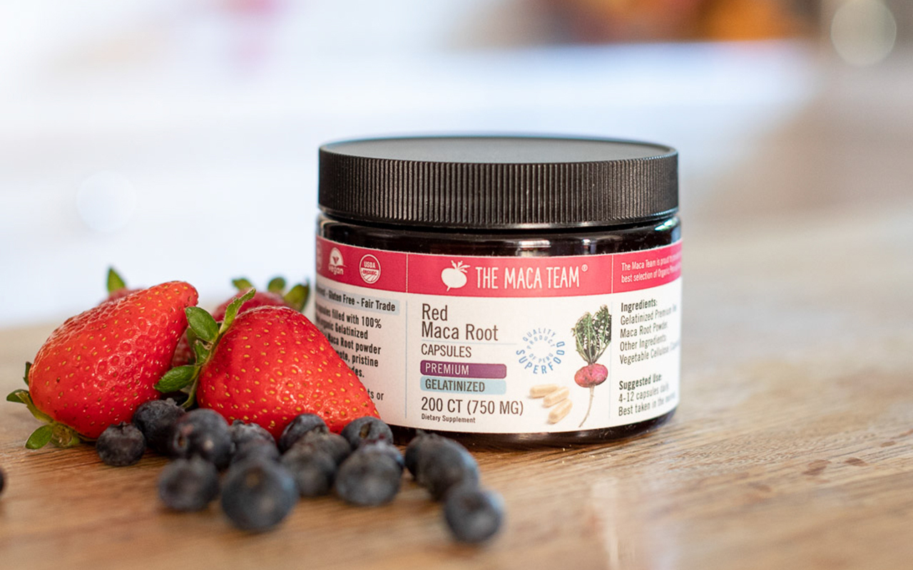 Raw red maca capsules shown in an everyday lifestyle setting