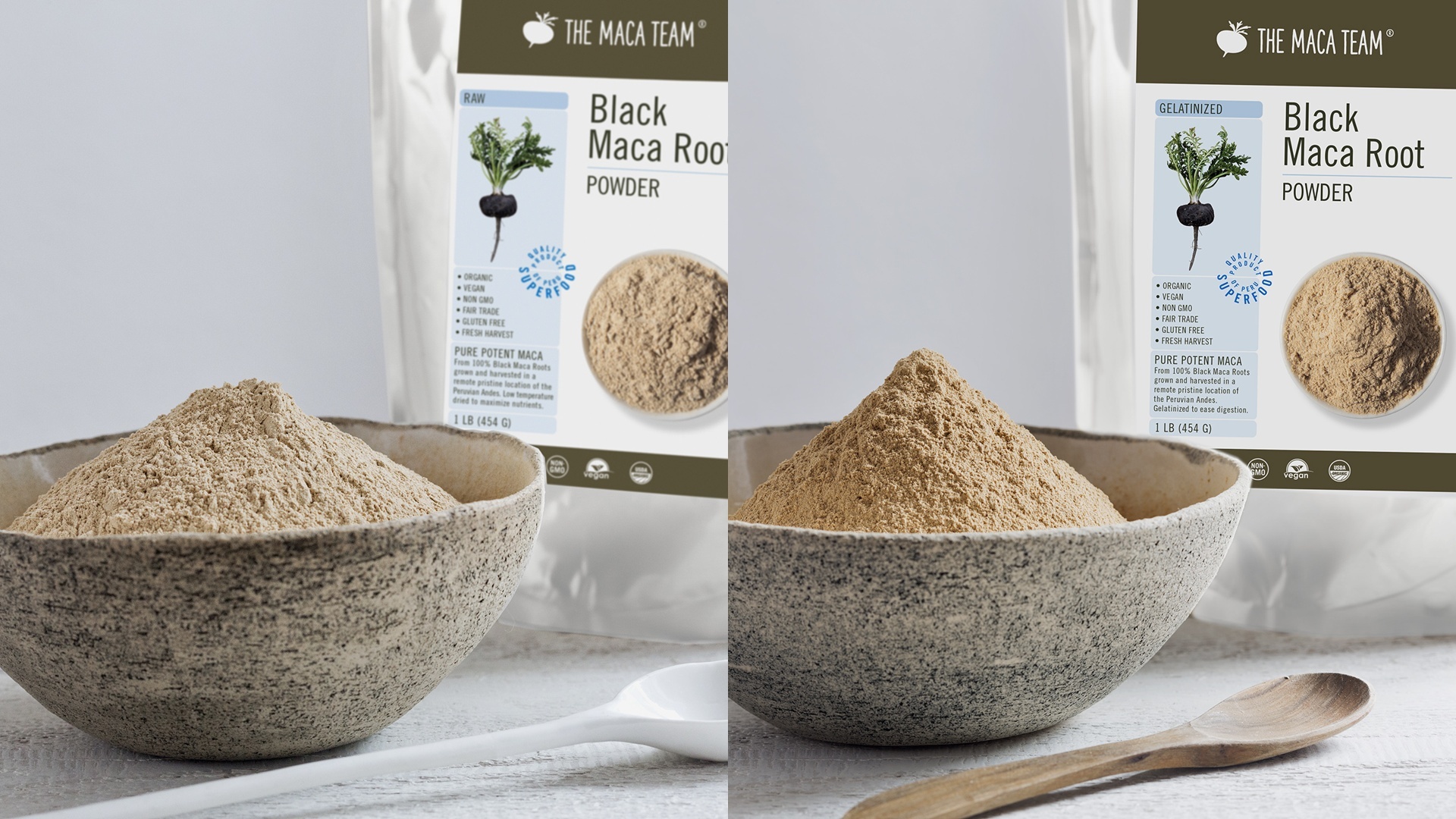 Raw and gelatinized maca shown side by side for comparison