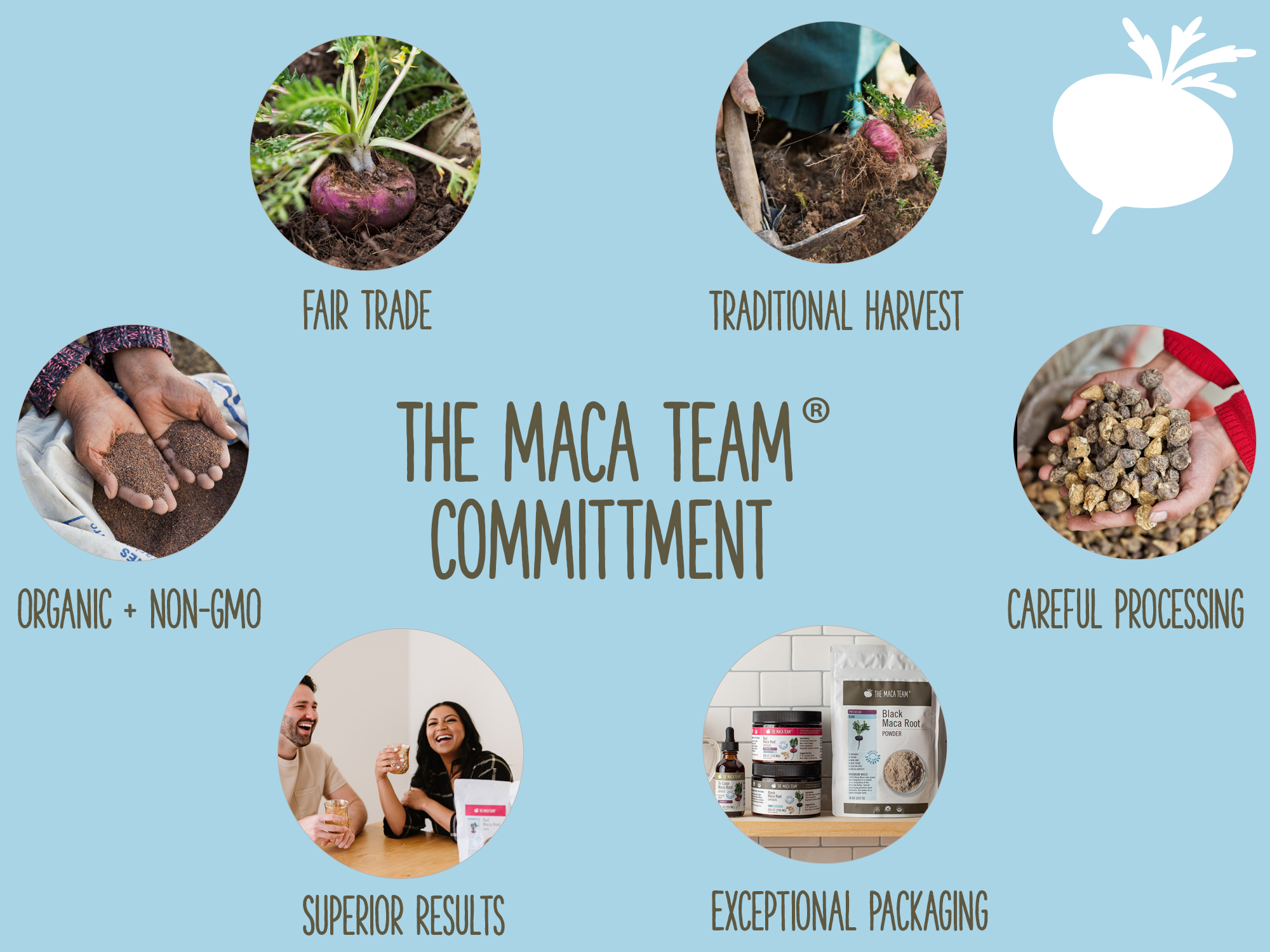 The Maca Team Commitment — Fair Trade, Organic, Non-GMO, Traditional Harvest, Careful Processing, Superior Results, Exceptional Packaging