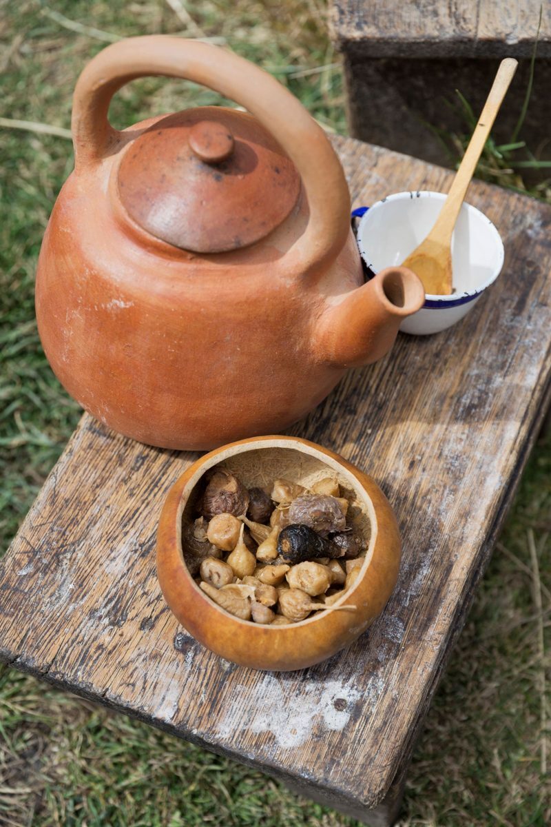 Traditional cooked maca root with clay teapot and cup
