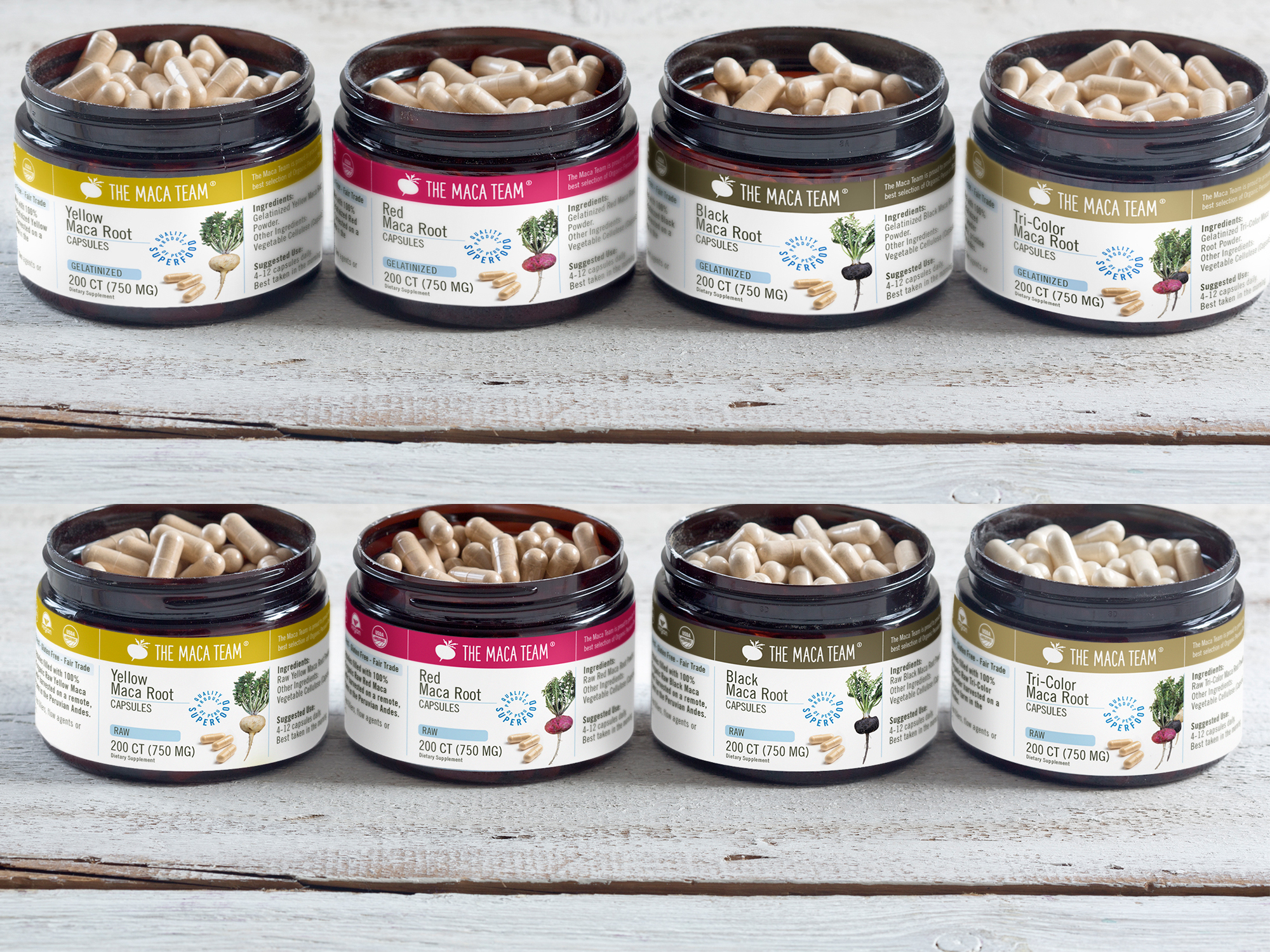 Various open jars of maca capsules from The Maca Team