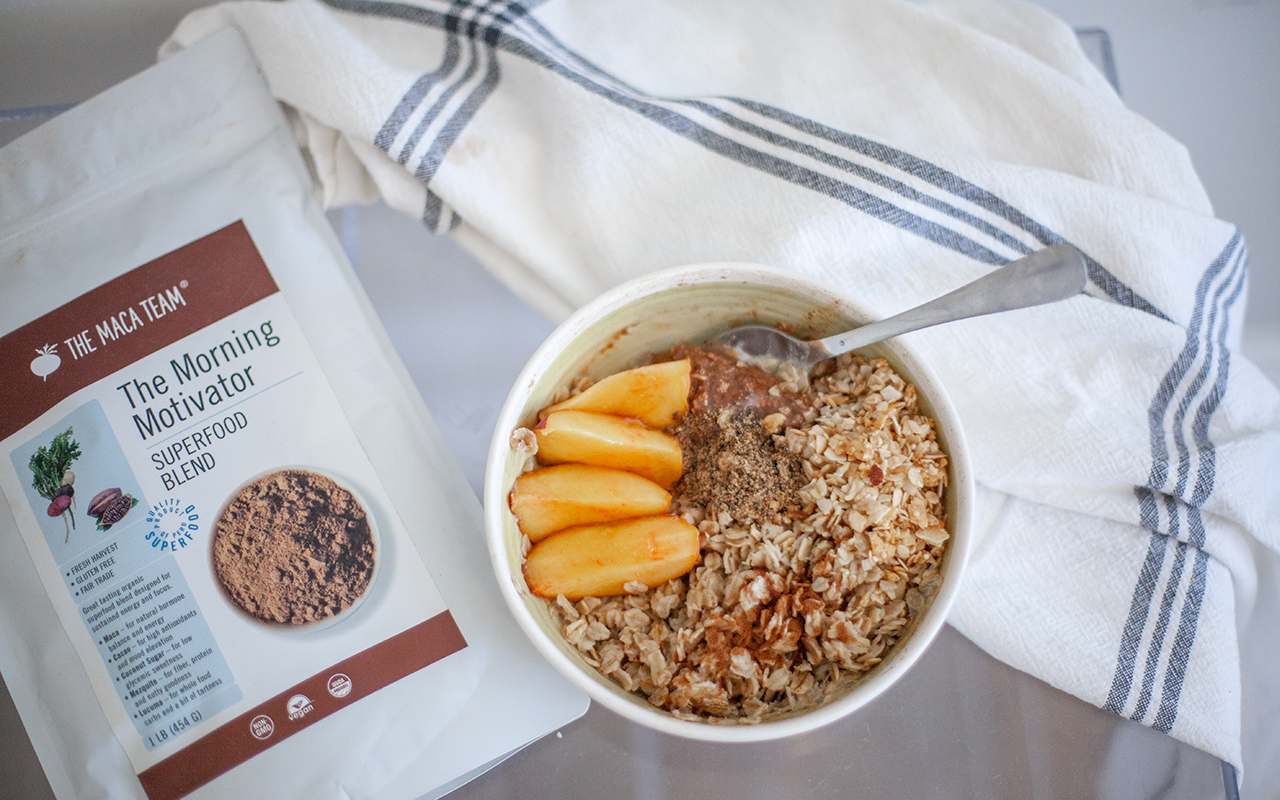 Maca with breakfast oatmeal as part of a morning routine