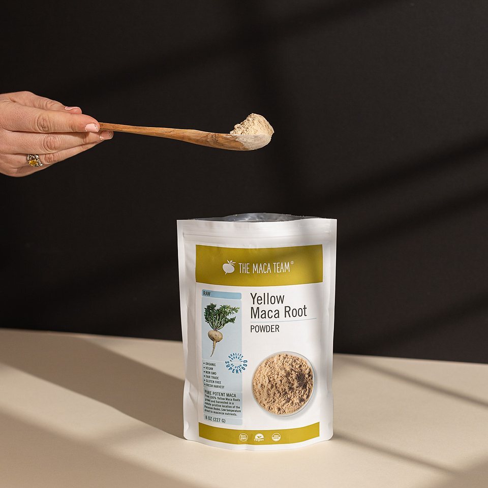 Yellow maca powder from The Maca Team with a spoonful of maca