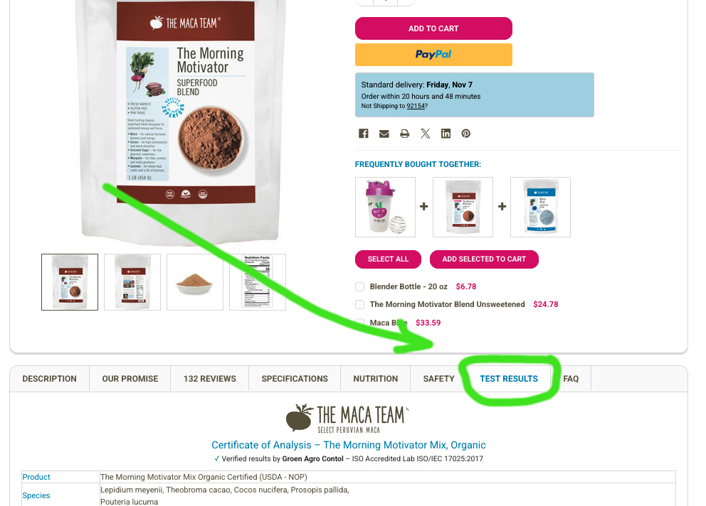 Certificate of Analysis for Maca