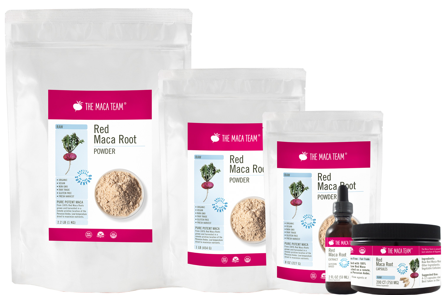 Raw Organic Red Maca Powder, Capsules and Extracts