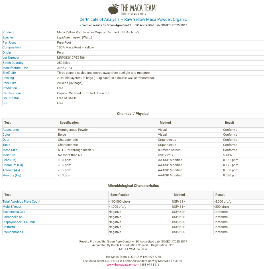 Sample COA: Raw Yellow Maca — format and fields