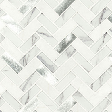 MS International Stone Glass Metal Series: 6mm Bytle Bianco Herringbone Pattern Multi Mosaic Tile SMOT-SGLSMT-BYTBIA6MM