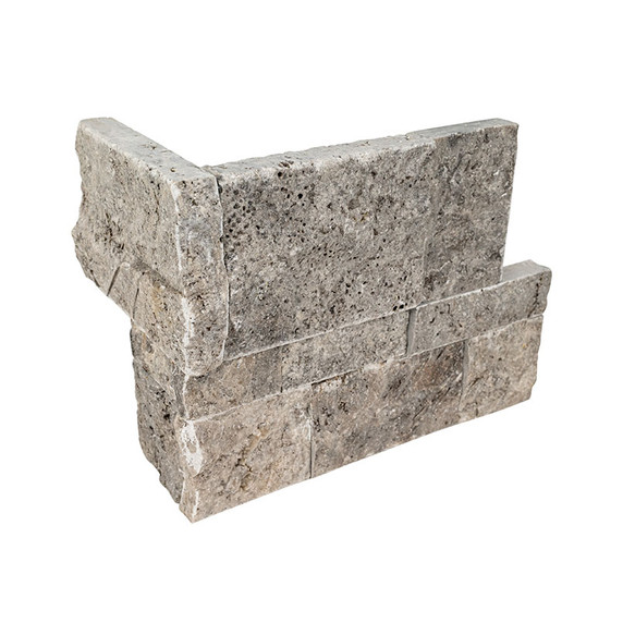 MS International Stacked Stone Series: 9x18 XL RockMount Silver Travertine Corner Splitface LPNLTSIL918COR MS International Stacked Stone Series: 9x18 XL RockMount Silver Travertine Corner Splitface LPNLTSIL918COR
