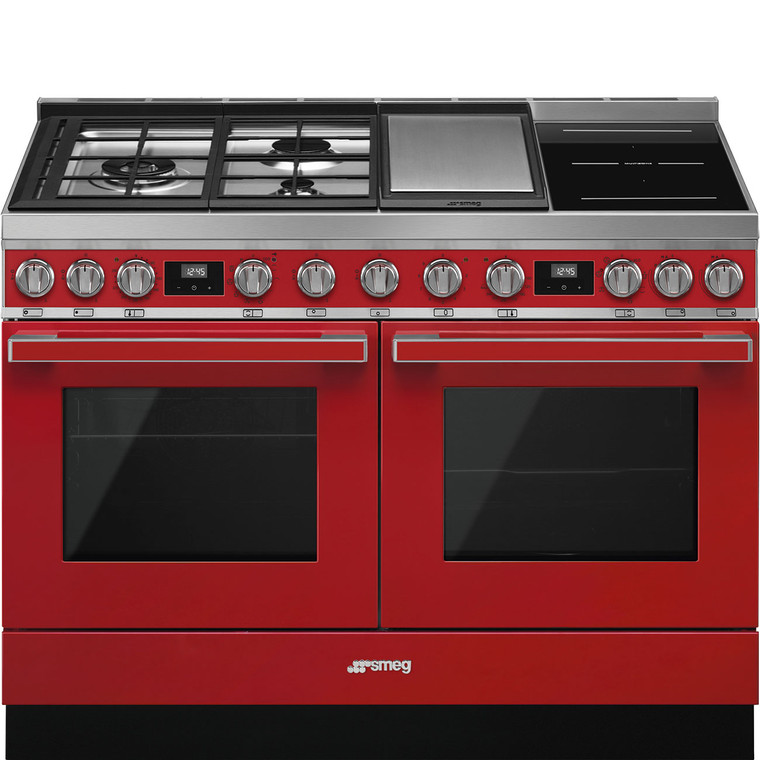 Cocina de Gas y Inducción 120cm Smeg CPF120IGMPR Portofino Color Rojo Dos Hornos de 60cm