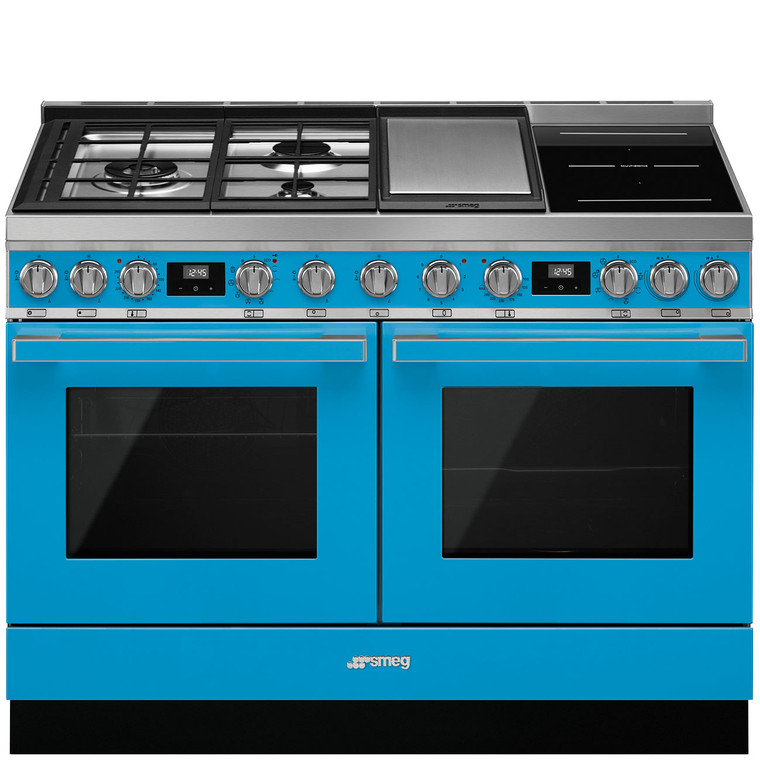 Cocina de Gas y Inducción 120cm Smeg CPF120IGMPT Portofino Color Azul turquesa Dos Hornos de 60cm