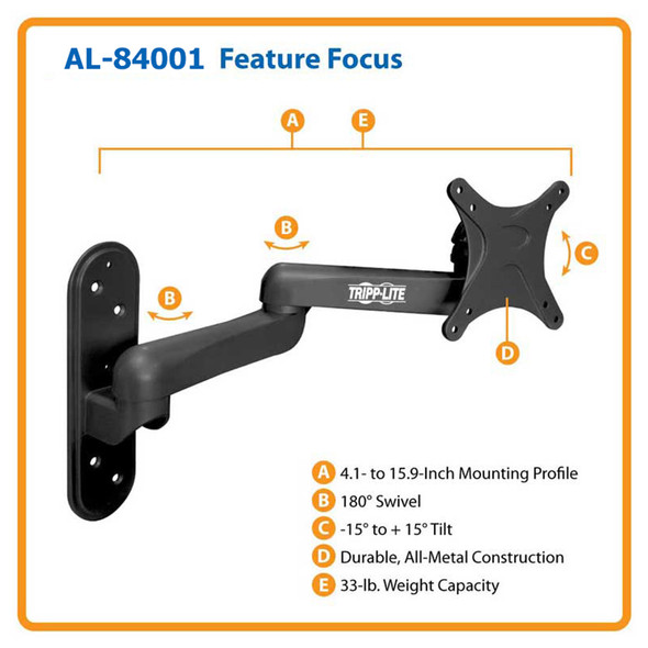 AL-84001 | SWIVEL TILT WALL MOUNT FOR TVS & MONITORS, SPECFY SIZE