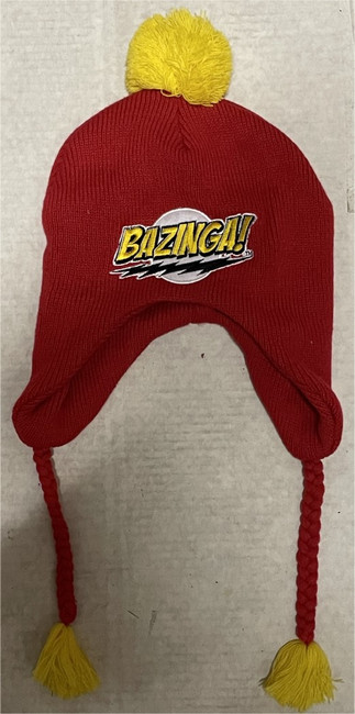 The Big Bang Theory Ear Flap Pom Beanie "Bazinga" Red & Yellow Sheldon Penny