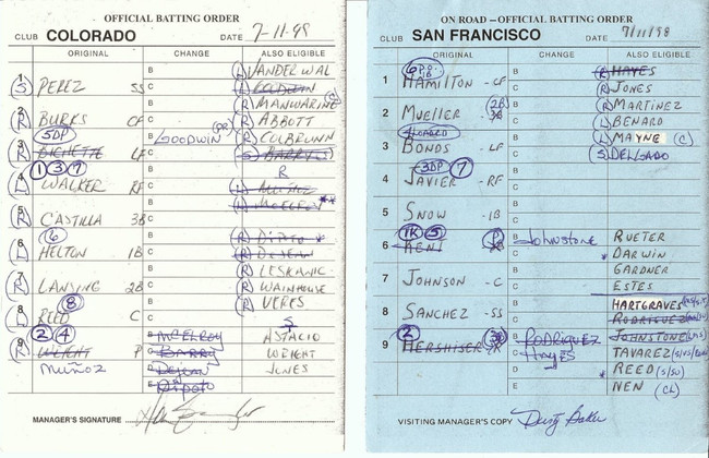 Dusty Baker Autographed Official Batting Line-Up Card 7/11/98 Giants at Rockies