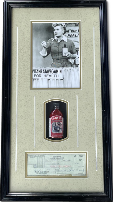 Lucille Ball Arnaz Signed Auto Check I Love Lucy Vitameatavegamin Bottle Framed