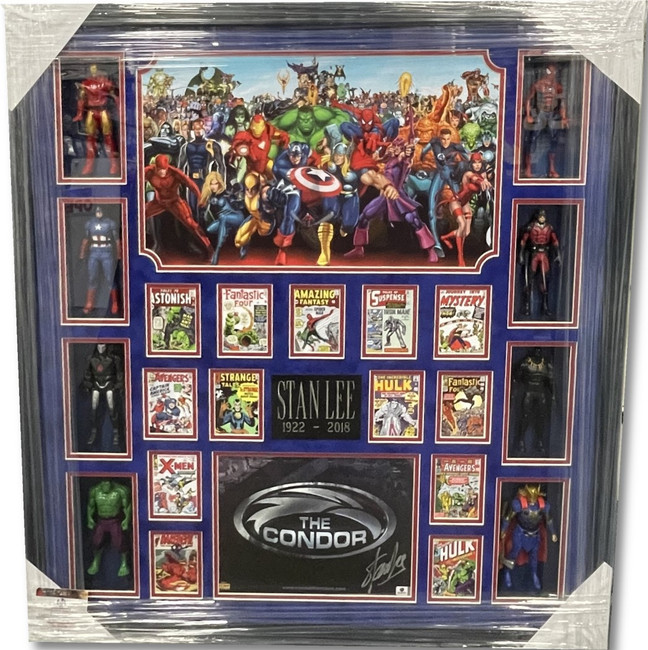 Stan Lee Autographed Custom Framed 8x10 Poster W/ Marvel Figurines JSA XX91858