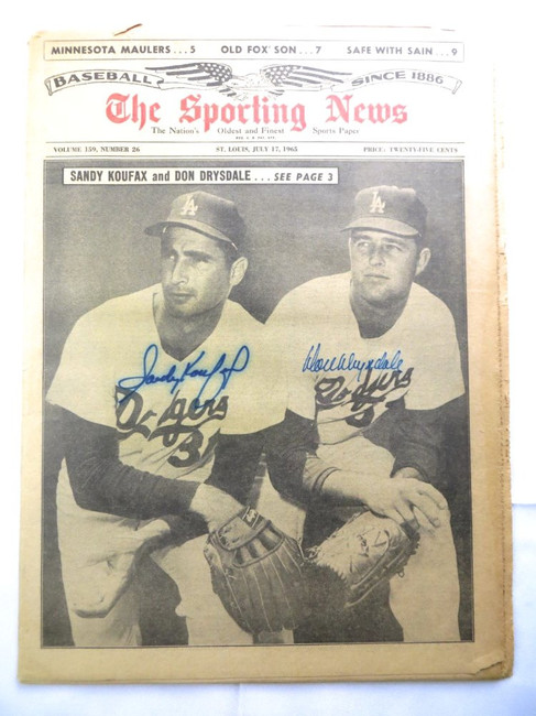 Sandy Koufax Don Drysdale Dual Autographed Newspaper Sporting News 1965 JSA LOA