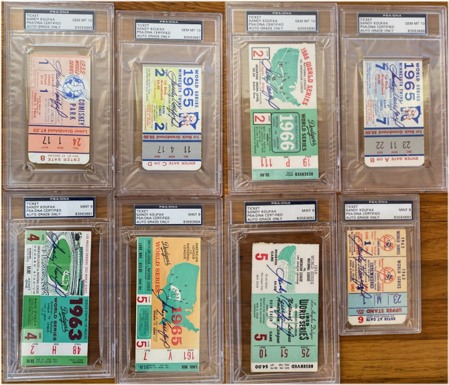 8x Sandy Koufax Signed Auto 1955 1959 1963 1965 World Series Ticket PSA 10 Auto