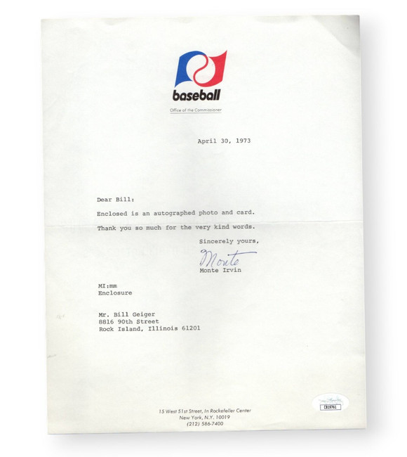 Monte Irvin Signed Autographed Letter Hall of Fame Legend 1973 JSA CB19761