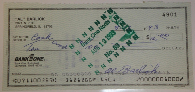 Al Barlick Hand Signed Autographed Personal Check # 4901