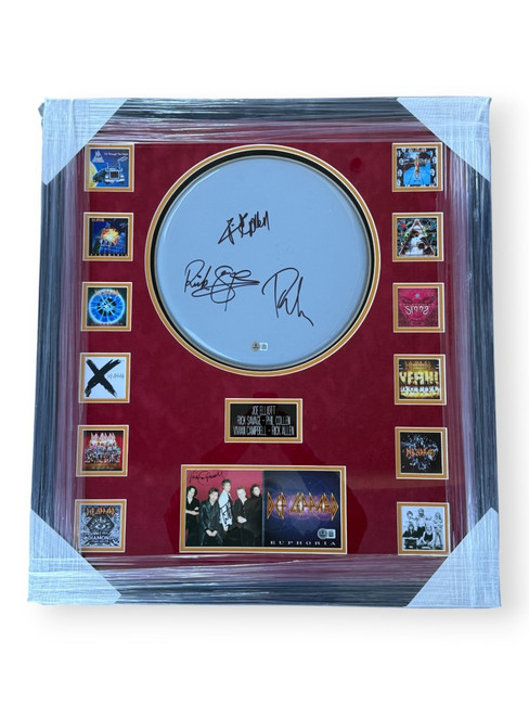 Def Leppard Autographed Drumhead CD Booklet Joe Elliot Rick Savage +3 Framed BAS