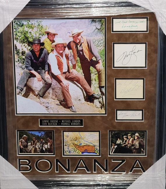 Bonanza Signed Cast Cuts Lorne Green Michael Landon Dan Blocker +1 Framed JSA