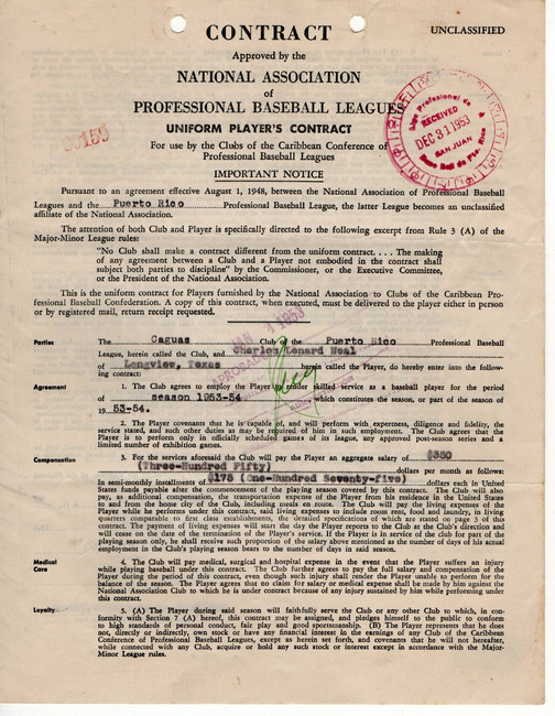 Charlie Neal Signed Autographed Contract 1953 Puerto Rico Dodgers BAS BP13778