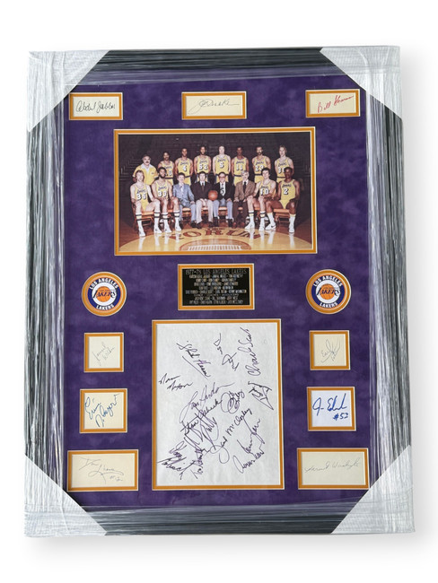 Kareem Abdul-Jabbar Jerry West Pat Riley Signed Cuts 1977-78 Lakers Framed BAS