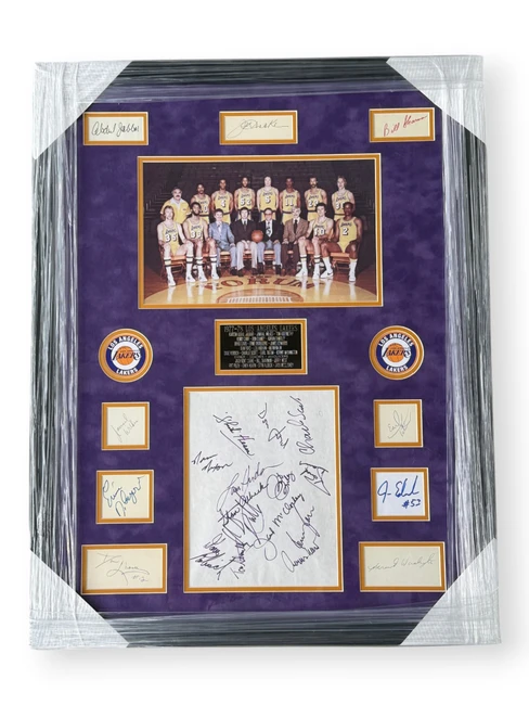 Kareem Abdul-Jabbar Jerry West Pat Riley Signed Cuts 1977-78 Lakers Framed BAS