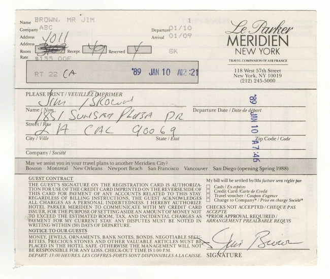 Jim Brown Signed Autographed Hotel Receipt Browns HOF Legend 1989 JSA CK94729