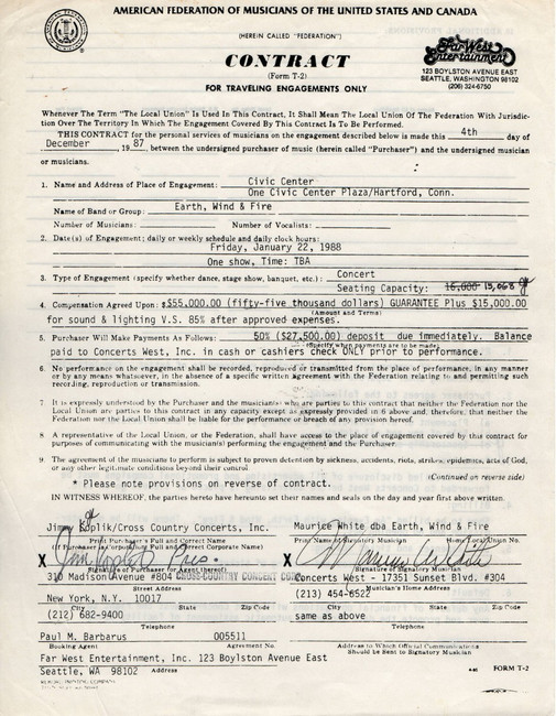 Maurice White Signed Autographed Contract Earth, Wind and Fire 1988 JSA CK94724