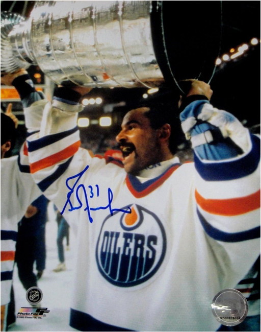 Grant Fuhr Signed 8X10 Autograph Photo Edmonton Oilers Raising Stanley Cup w/COA