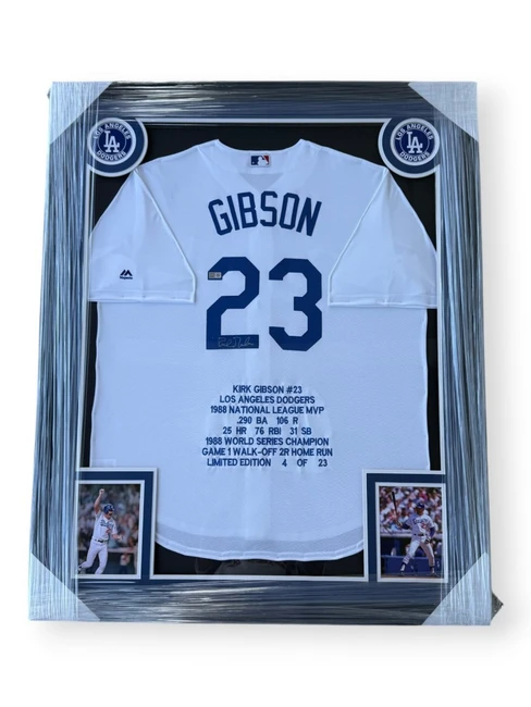 Kirk Gibson Signed Autographed Engraved Stat Jersey Dodgers Framed Tristar