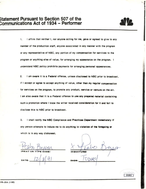 Peabo Bryson Signed Autographed Contract Singer Songwriter NBC 1991 JSA CF45952