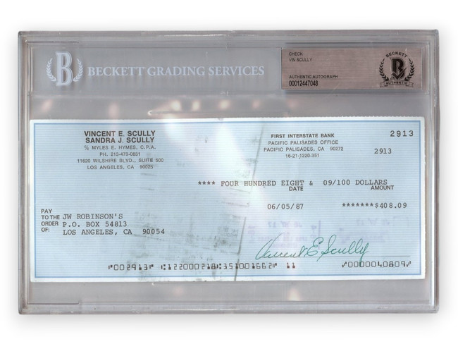 Vin Scully Signed Autographed Bank Check Dodgers Broadcaster Legend 1987 BAS 048