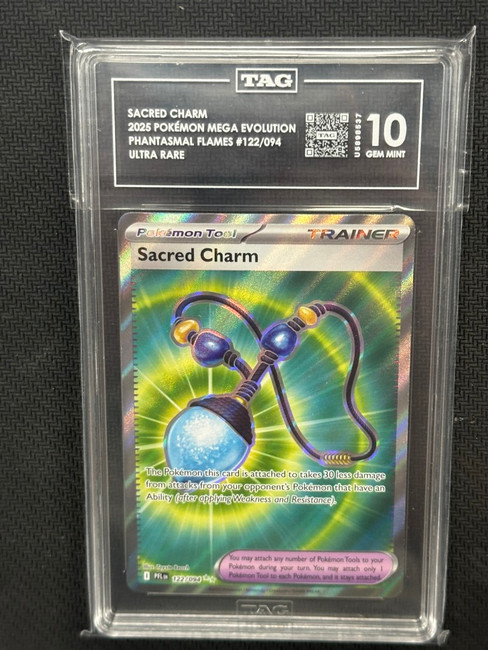 Sacred Charm  Pokemon Phantasmal Flames Ultra Rare TAG 10 PSA #122/094
