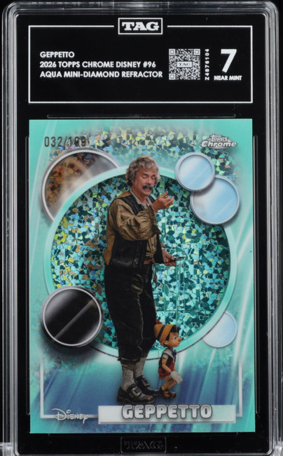 Geppetto 2026 Topps Chrome Disney Aqua Mini Diamond TAG 7 Z4876104 PSA #96 /199