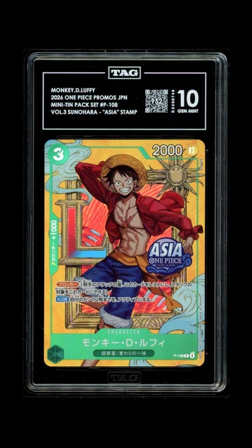Monkey.D.Luffy P-108 One Piece 26 Sunohara "Asia" Stamp JPN TAG 10 Gem K3498746