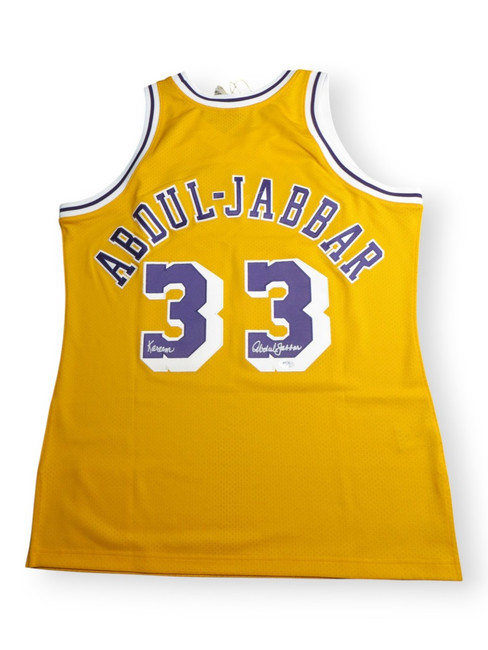 Kareem Abdul-Jabbar Autographed Jersey M&N Lakers Yellow Full Sig Silver L PSA