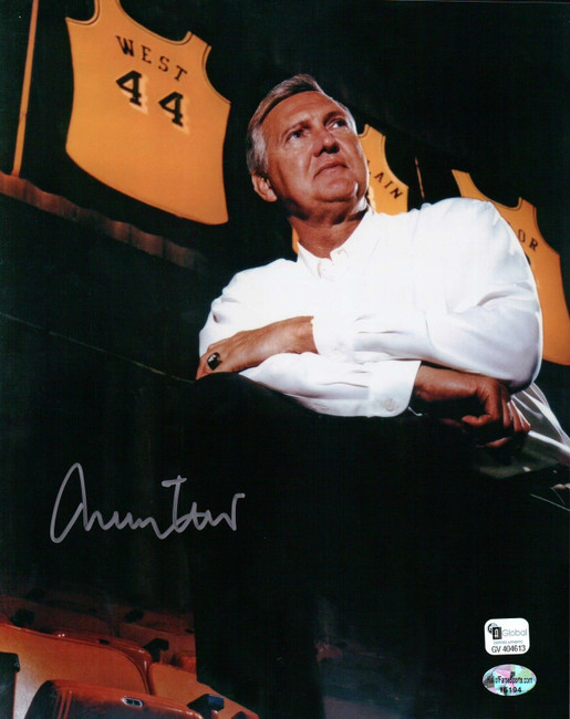 Jerry West Signed 8X10 Autograph Photo Retired Jersey in Rafters GAI COA