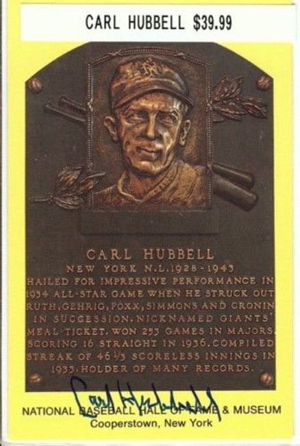 Carl Hubbell Signed Hall Of Fame Postcard Auto