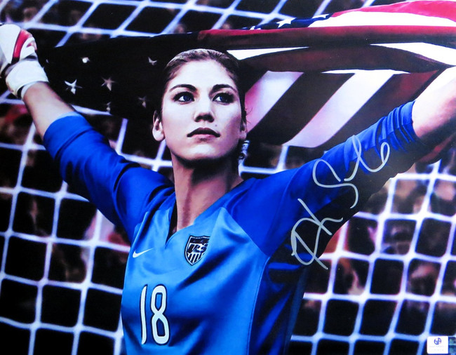 Hope Solo Signed Autographed 11X14 Photo In Goal Holding USA Flag GV806541