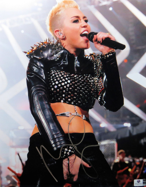 Miley Cyrus Signed Autographed 11X14 Photo Sexy Black Spikes Crotch Grab 822703