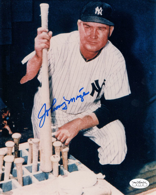 Johnny Mize Signed Autographed 8X10 Photo NY Yankees Dugout Holding Bat JSA