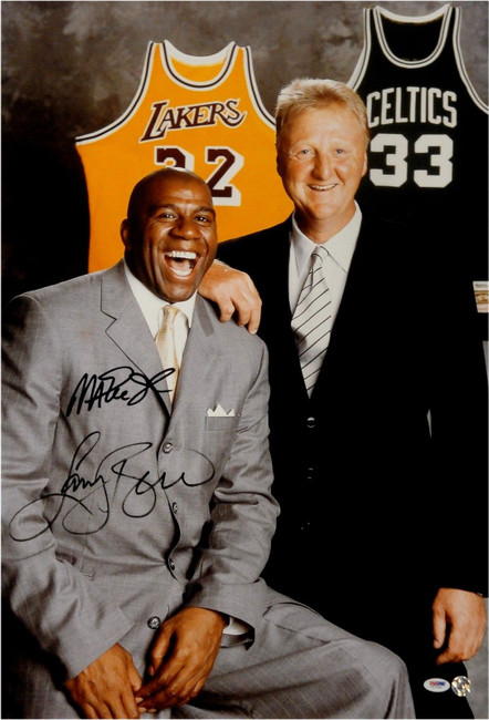 Magic Johnson Larry Bird Hand Signed Autograph 20x30 Photo Suits PSA/DNA U17954