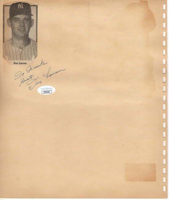 Don Larsen Signed Autographed Vintage Scrapbook Page Cut Yankees JSA II35142